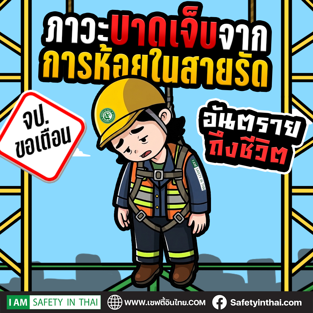 อินโฟกราฟิกภาวะบาดเจ็บจากการห้อยในสายรัด แสดงผลกระทบต่อสมอง หัวใจ และขาของผู้ปฏิบัติงานบนที่สูง